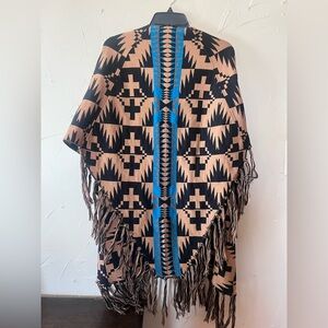 Pendleton spider rock blanket shawl Blue and Tan Geometric Poncho cape